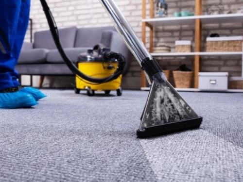 Grey carpet being deep cleaned with a hot water extraction machine in a living room